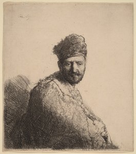 ひげを生やした男、毛皮の東洋風の帽子とローブを身につけている：画家の父 作： Rembrandt van Rijn