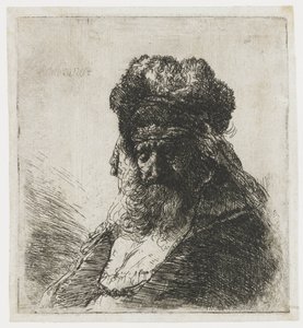 毛皮の高い帽子をかぶったひげを生やした老人、目を閉じている 作： Rembrandt van Rijn