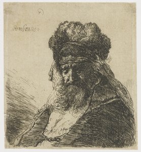 毛皮の高い帽子をかぶったひげを生やした老人、目を閉じている 作： Rembrandt van Rijn
