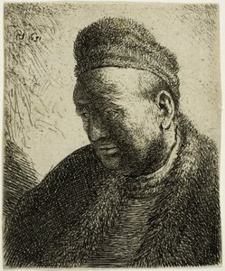 毛皮のマントと帽子のひげのない男: バスト 作： Rembrandt van Rijn