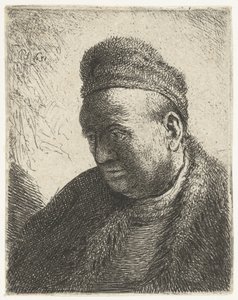 毛皮のマントと帽子のひげのない男: バスト 作： Rembrandt van Rijn