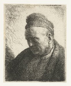 毛皮のマントと帽子のひげのない男: バスト 作： Rembrandt van Rijn