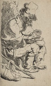 物乞いが座って摩擦皿で手を温めている、カリフォルニア州。 1630年頃。 1630年。