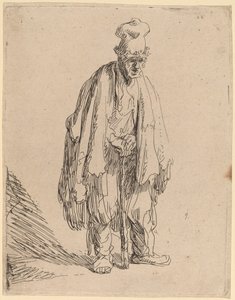 高い帽子をかぶった物乞い、立ち、棒にもたれかかる 作： Rembrandt van Rijn