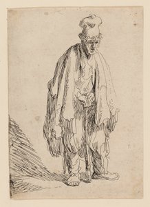 高い帽子をかぶった物乞い、立ち、棒にもたれかかる 作： Rembrandt van Rijn