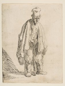 高い帽子の乞食、立って棒に寄りかかって、およそ。 1629年。 作： Rembrandt van Rijn