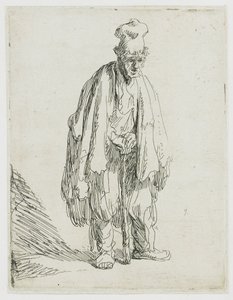 高い帽子をかぶった物乞いが、杖に寄りかかって立っている 作： Rembrandt van Rijn