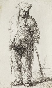 棒に寄りかかる乞食（紙にペンとインク 作： Rembrandt van Rijn