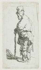 杖に寄りかかり、左を向いている物乞い 作： Rembrandt van Rijn