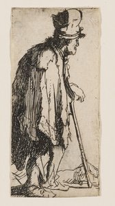 杖に寄りかかる、片手が不自由な物乞い 作： Rembrandt van Rijn