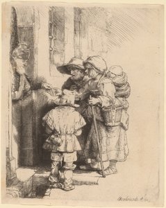家のドアで施しを受け取る物乞い 作： Rembrandt van Rijn
