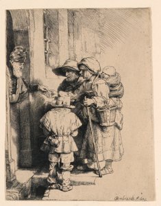 家のドアで施しを受け取る物乞い 作： Rembrandt van Rijn