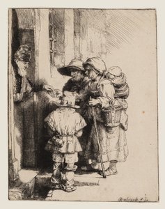 家のドアで施しを受け取る物乞い 作： Rembrandt van Rijn