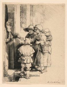 家のドアで施しを受け取る物乞い 作： Rembrandt van Rijn