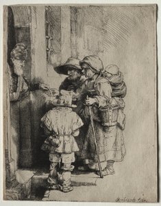 家のドアで施しを受け取る物乞い 作： Rembrandt van Rijn
