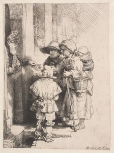 ある家の玄関先で施しを受ける物乞いたち 作： Rembrandt van Rijn