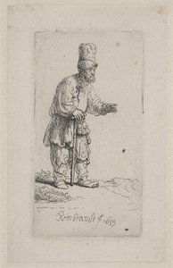 棒に寄りかかる農民 作： Rembrandt van Rijn
