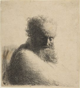 下を向いたひげを生やした老人の胸像、4分の3右、1631年。 作： Rembrandt van Rijn