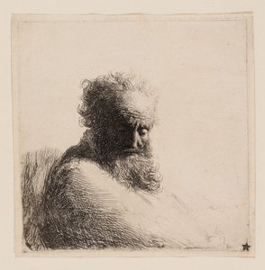ひげを生やした老人の胸像、見下ろして、4 分の 3 右 作： Rembrandt van Rijn
