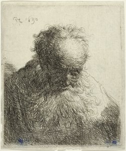 流れる髭の老人の胸像: 頭を前に倒した: 左肩の陰影なし 作： Rembrandt van Rijn