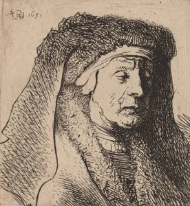 毛皮のマントと重い頭飾りの老婆の胸像、1631年。 作： Rembrandt van Rijn