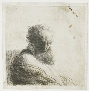 ひげを生やした老人の胸像、見下ろして、4 分の 3 右 作： Rembrandt van Rijn
