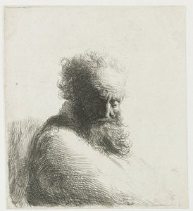ひげを生やした老人の胸像、見下ろして、4 分の 3 右 作： Rembrandt van Rijn