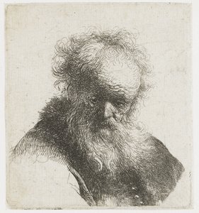 流れるような髭と白い袖の老人のバスト 作： Rembrandt van Rijn