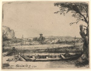 大船と橋のある運河 作： Rembrandt van Rijn