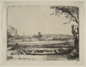 大きなボートと橋のある運河、1650年。 作： Rembrandt van Rijn