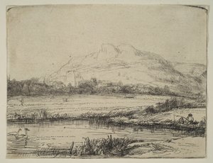 釣り人と白鳥のいる運河、1650年。 作： Rembrandt van Rijn