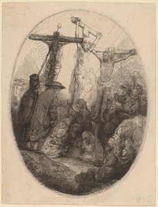 2 人の盗賊の間で十字架につけられたキリスト: 楕円形の皿 作： Rembrandt van Rijn