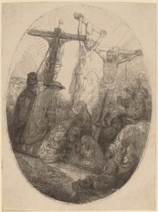 2 人の盗賊の間で十字架につけられたキリスト: 楕円形の皿 作： Rembrandt van Rijn