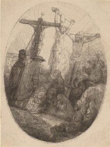 2 人の泥棒の間で十字架につけられたキリスト: 楕円形の皿、c. 1641年。 作： Rembrandt van Rijn