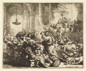 神殿から両替人を追い払うキリスト 作： Rembrandt van Rijn