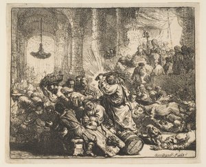 寺院から両替商を運転するキリスト、1635年。 作： Rembrandt van Rijn