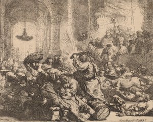 神殿から両替商を追い払うキリスト、1635年。 作： Rembrandt van Rijn