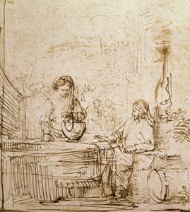 キリストとサマリアの女（紙にペンと茶色のインク） 作： Rembrandt van Rijn