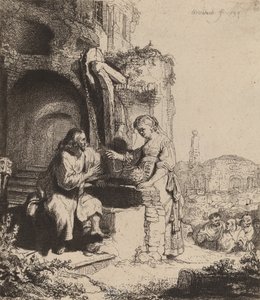 廃墟の中でのキリストとサマリアの女、1634年。 作： Rembrandt van Rijn