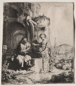 廃墟の中でキリストとサマリアの女、1634年。 作： Rembrandt van Rijn