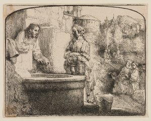 キリストとサマリアの女：アーチ型の版画 作： Rembrandt van Rijn