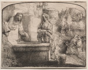 キリストとサマリアの女：アーチ型の版画 作： Rembrandt van Rijn