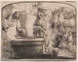キリストとサマリアの女：アーチ型の版画、1657年から58年。 作： Rembrandt van Rijn