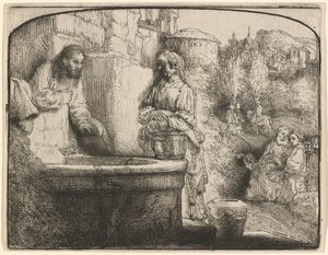 キリストとサマリアの女：アーチ型版画 作： Rembrandt van Rijn