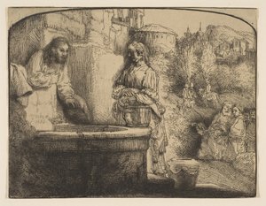 キリストとサマリアの女：アーチ型の版画、1658年。 作： Rembrandt van Rijn