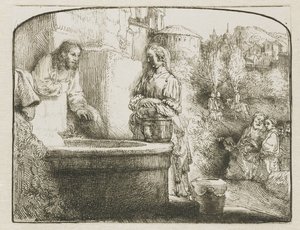 キリストとサマリアの女：アーチ型の版画 作： Rembrandt van Rijn