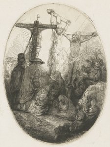 2 人の泥棒の間で十字架につけられたキリスト: 楕円形の皿 作： Rembrandt van Rijn