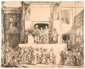 人々に差し出されたキリスト: 大きな長方形のプレート 作： Rembrandt van Rijn