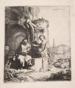 廃墟の中のキリストとサマリアの女（縦長の版画） 作： Rembrandt van Rijn