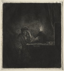 キャンドルライトによるテーブルでの学生のコピー 作： Rembrandt van Rijn